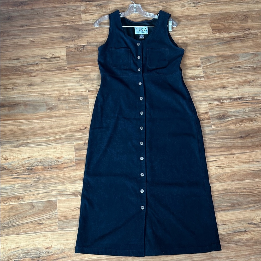 90s Normcore Sleeveless Button Front Navy Blue Long Dress Size Small Petite